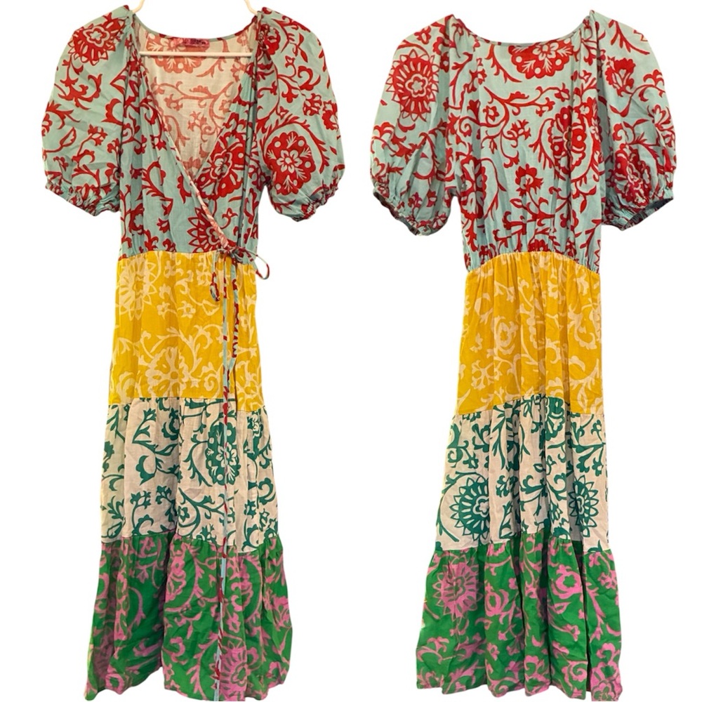 🌈Colorful Bohemian Multi Printed Puff Sleeve Wrap Tie Dress S/M